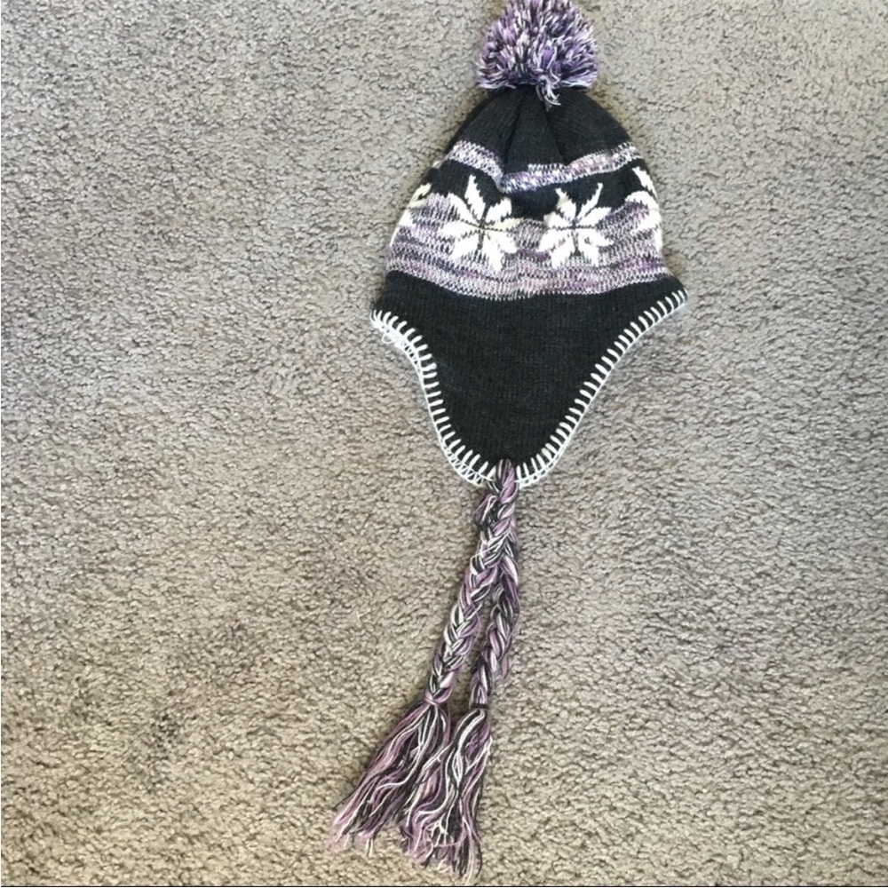 Black and Purple Snowflake Knit Hat with Tassels
